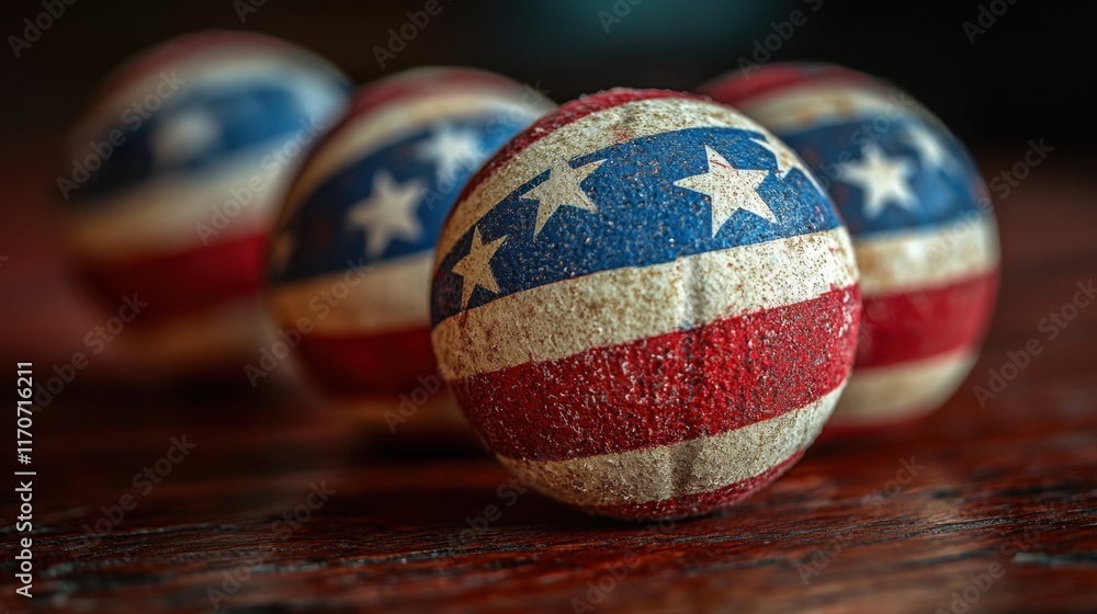 Aufkleber Colorful textured balls featuring stars and stripes add a festive touch to a rustic wooden table setting during a summer gathering. Generative AI
