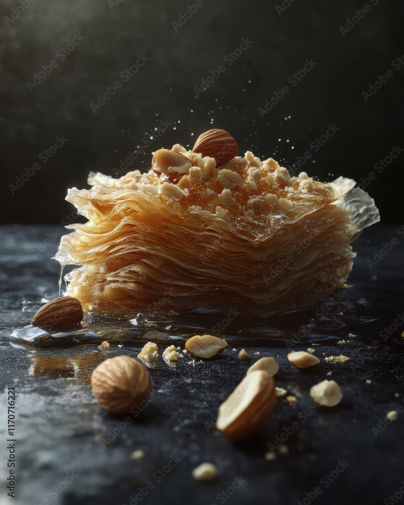 Poster a delectable stack of golden pastry layers topped with crushed nuts on a dark surface.
