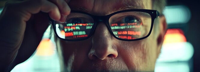 A shot of a man adjusting his glasses while looking at a laptop screen, with financial data visible in the background