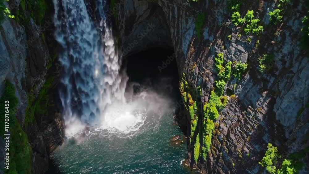 Poster majestic waterfall cascading down rocky cliffs surrounded by lush greenery in a serene environment