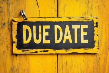 Rustic Yellow "Due Date" Sign on Wooden Background - Timeliness, Deadlines, and Organization Themes in Stock Photography