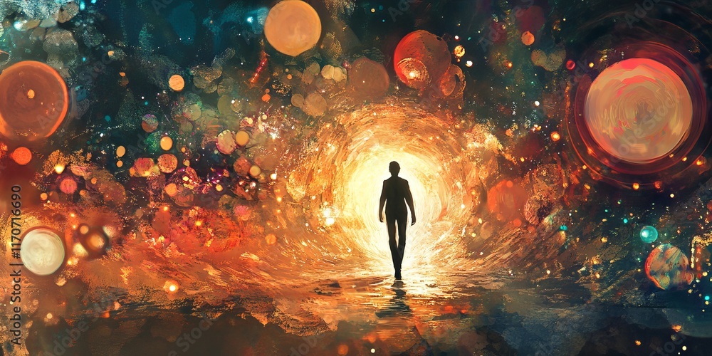 Poster surreal journey through a cosmic portal with vibrant colors and abstract light patterns