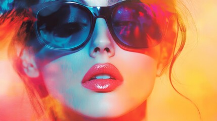 Obraz premium Vibrant Portrait of Woman in Sunglasses with Colorful Background
