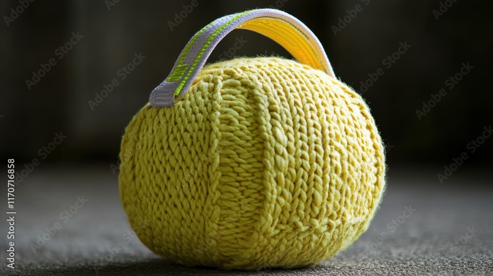 Aufkleber bright yellow knitted ball with a handle resting on a textured surface, showcasing detailed craftsma