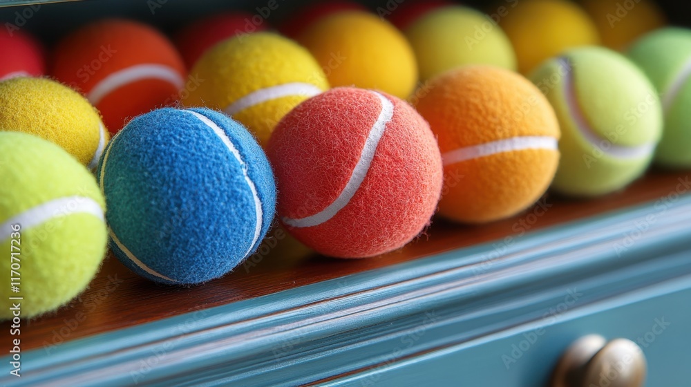 Poster Colorful display of tennis balls arranged neatly on a shelf in a vibrant and playful indoor setting. Generative AI