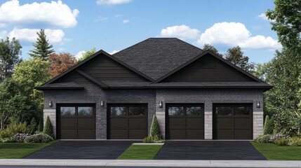 Modern Residential Garage Facade with Three Doors and Greenery