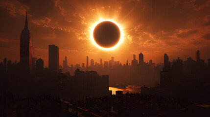Solar eclipse, silhouettes of skyscrapers in the dark sky, shining solar corona. Ultra-realistic, dynamic, web, background, astronomy