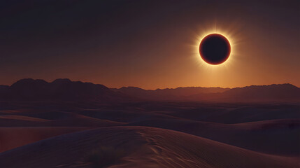 Total solar eclipse over the endless desert. Sand dunes. Hyper-realistic, web, background.