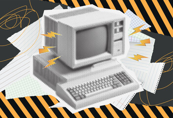 collage with retro computer in trendy halftone style. Collage cut out element in a retro surreal bitmap style.
