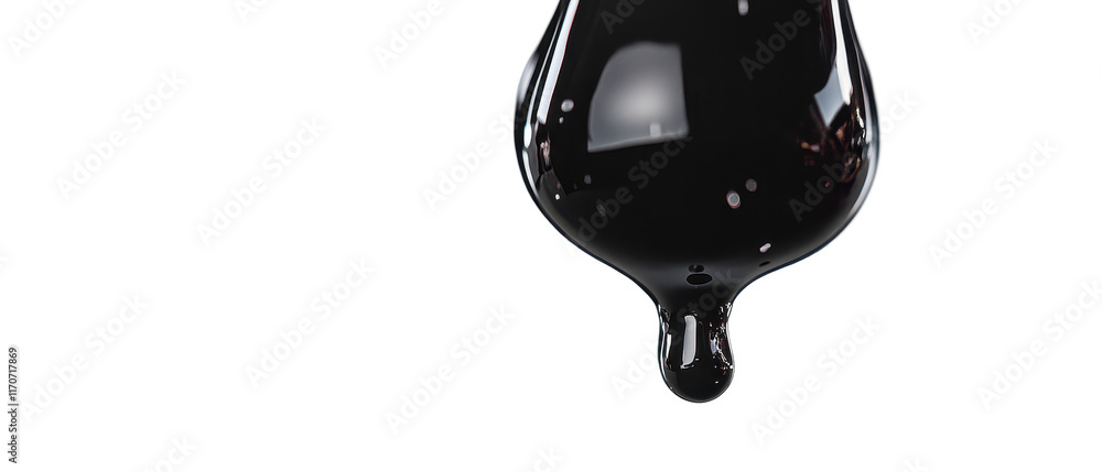 Poster a close-up of a dripping drop of dark liquid, creating a dramatic effect. transparent background