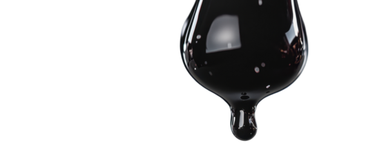 A close-up of a dripping drop of dark liquid, creating a dramatic effect. transparent background