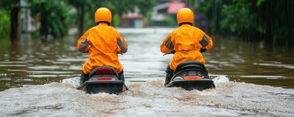 Two individuals in bright orange suits ride jet skis through a flooded area, showcasing the impact of heavy rainfall and waterlogged streets.