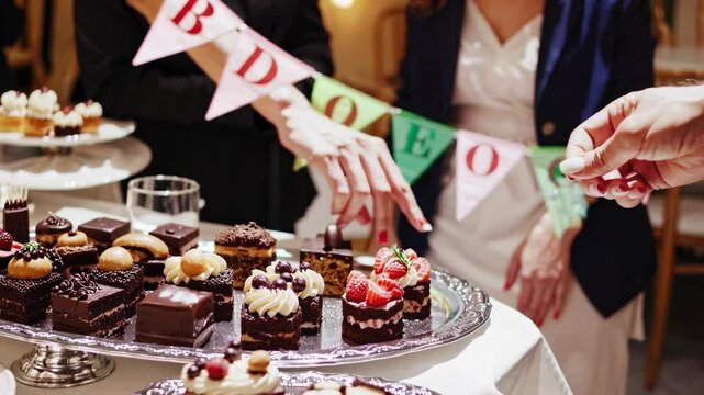 Delectable dessert display at a festive gathering featuring an array of cakes and pastries