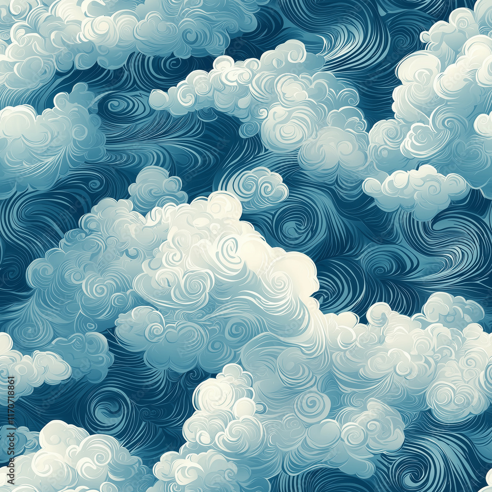 Poster chinese cloud motifs swirling blue clouds create a dynamic and textured sky pattern, evoking a sense