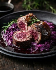 Obraz premium A beautifully plated medium-rare beef tenderloin with roasted purple cabbage and a rich sauce.