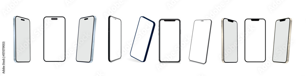 Poster Set of Smart phone in different sides. Realistic smartphone mockup for ui ux app and website presentation Stock Vector