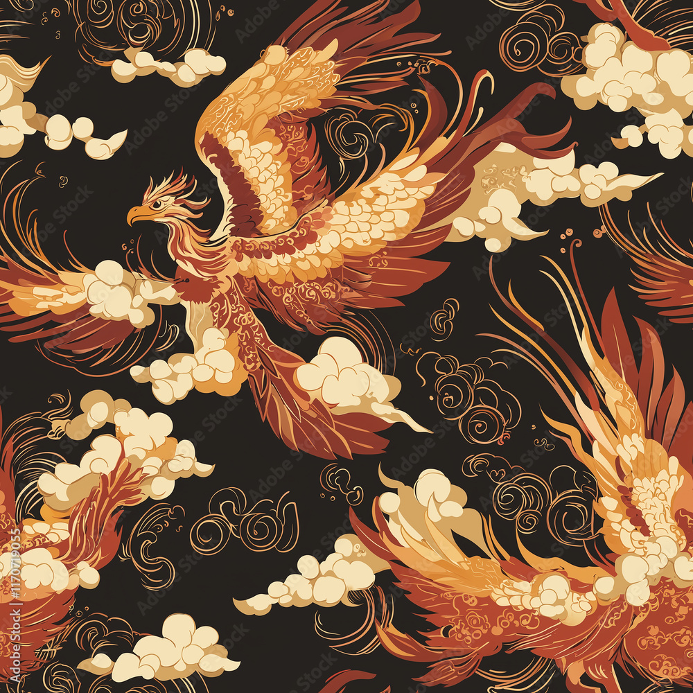 Poster chinese cloud motifs colorful phoenixes soar among stylized clouds, creating a vibrant and dynamic p