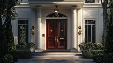 Elegant Entrance of a Luxurious Home with Columns and Garden