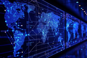 Global Network: A Futuristic Blue Digital World Map Display