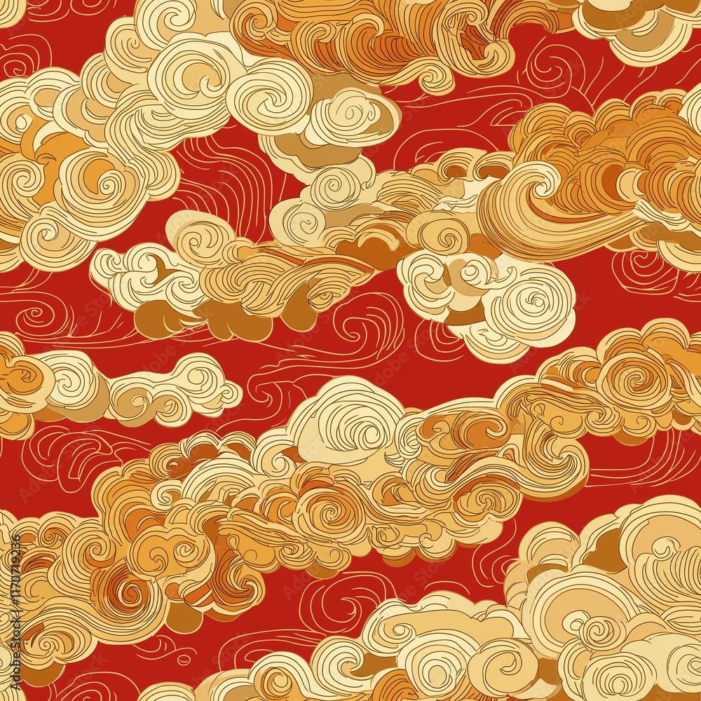 Poster chinese cloud motifs vibrant red background adorned with intricate golden clouds, creating a decorat