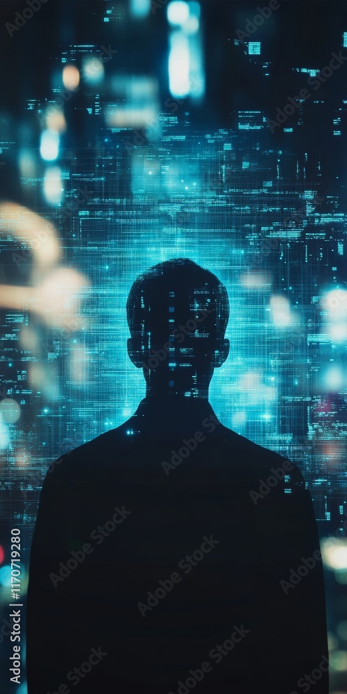 Poster a man is standing in front of a computer screen