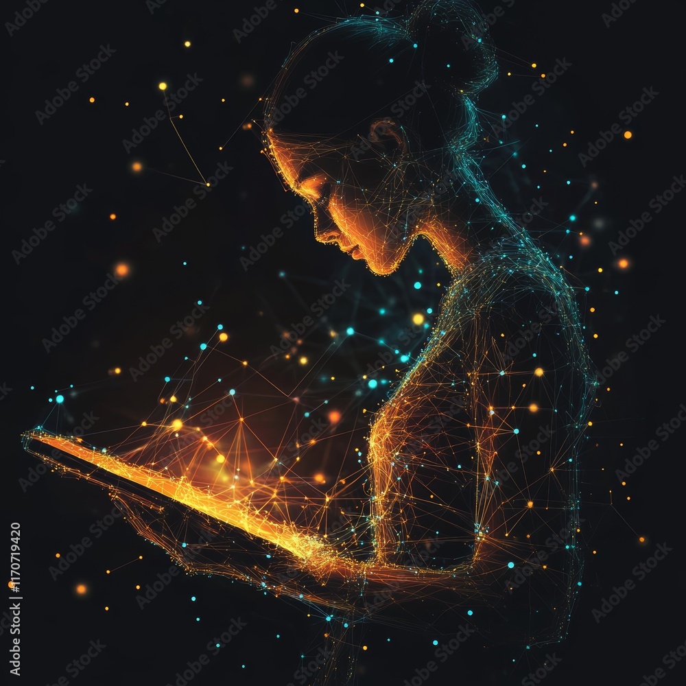 Poster silhouette of a person with a tablet surrounded by points of light and data connections