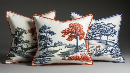 Decorative throw pillows featuring vibrant nature scenes bringing warmth and elegance to any living space. Generative AI
