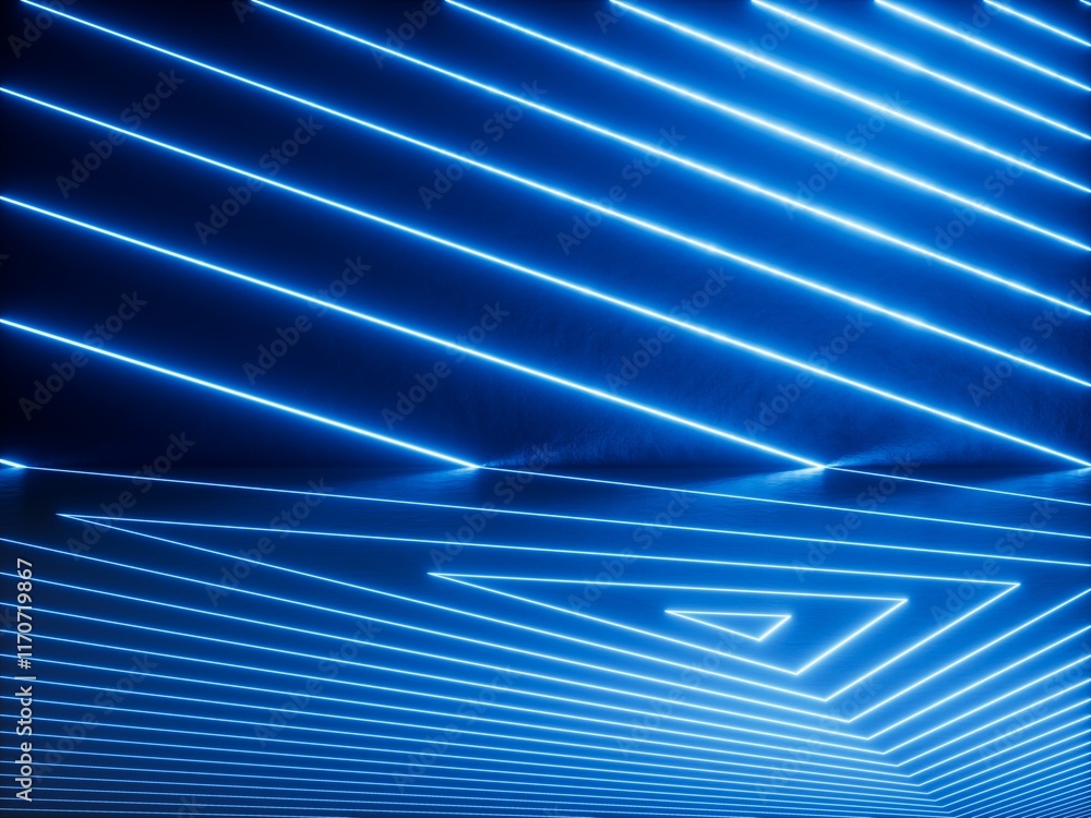 Poster 3d render, abstract geometric background. blue neon lines glowing with bright light inside the empty