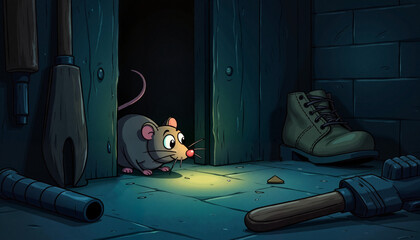 Curious cartoon mouse exploring a dimly lit storage room