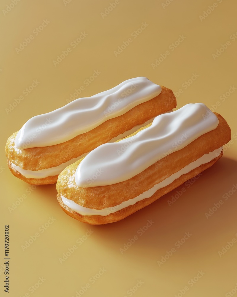 Poster two delicious cream-filled eclairs topped with a smooth layer of frosting on a warm golden backgroun