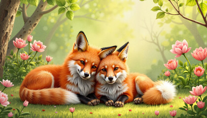 Fototapeta premium Two foxes cuddling in a blooming garden
