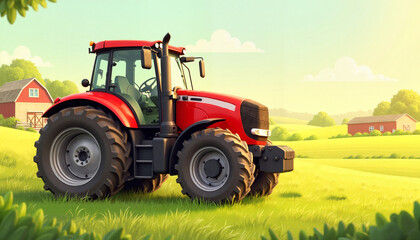 Fototapeta premium Red tractor parked in green field with farm background