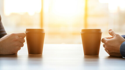 Two colleagues holding disposable coffee cups during a coffee break, enjoying conversation and exchanging ideas in a cozy breakout area