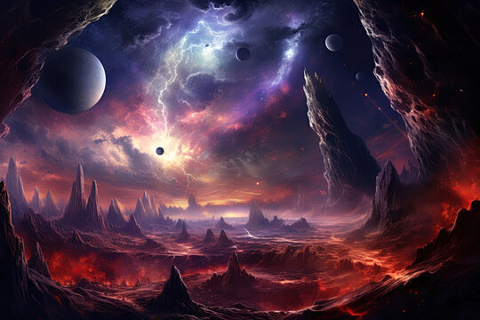 Extraterrestrial planet. Landscape of an Alien world. Ai Generative illustration