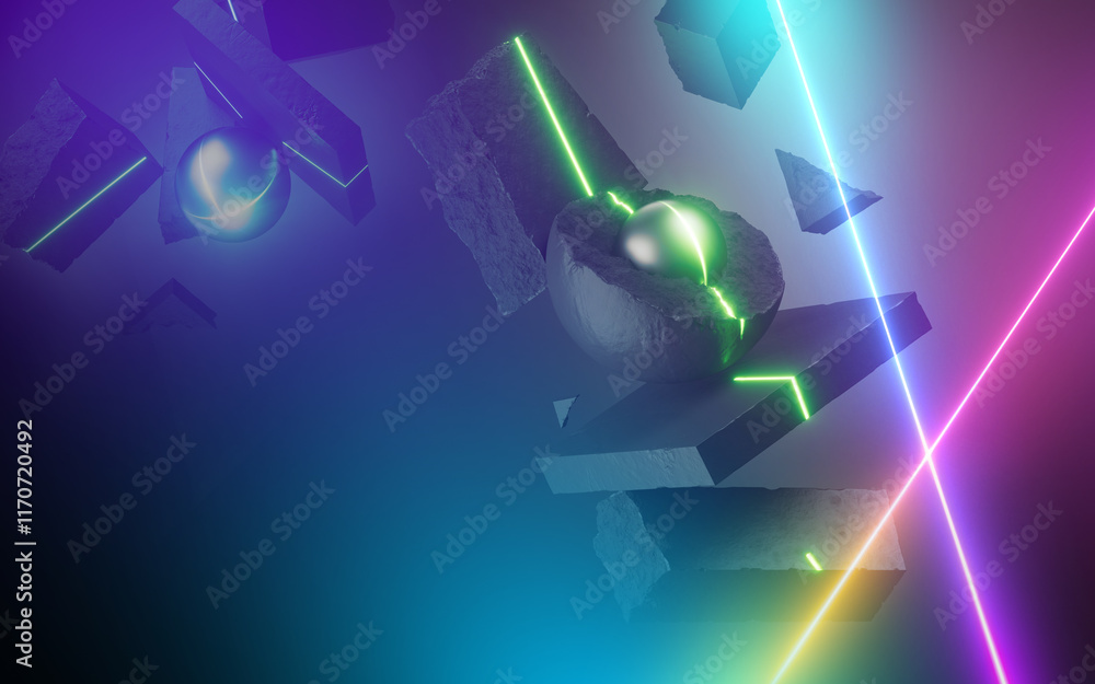 Poster 3d rendering, abstract fantastic background illuminated with colorful neon lights. laser lines and g