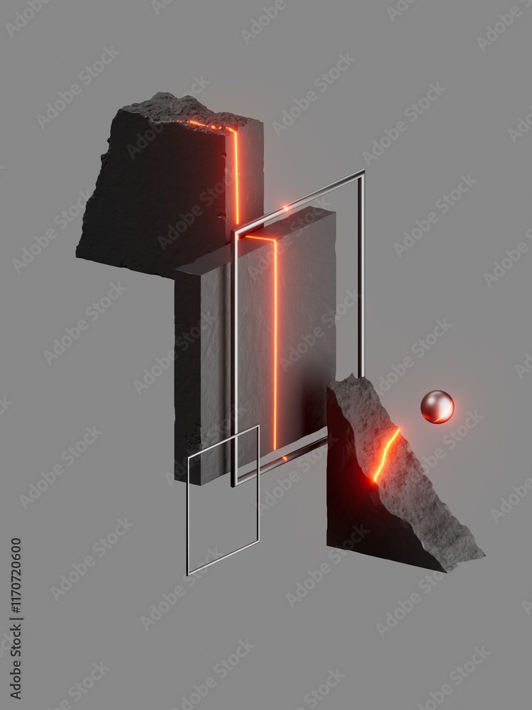 Poster 3d rendering. abstract composition of broken concrete blocks and metallic frames with red neon accen