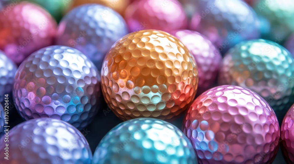 Poster colorful array of sparkling golf balls resting together, showcasing vibrant hues and unique textures