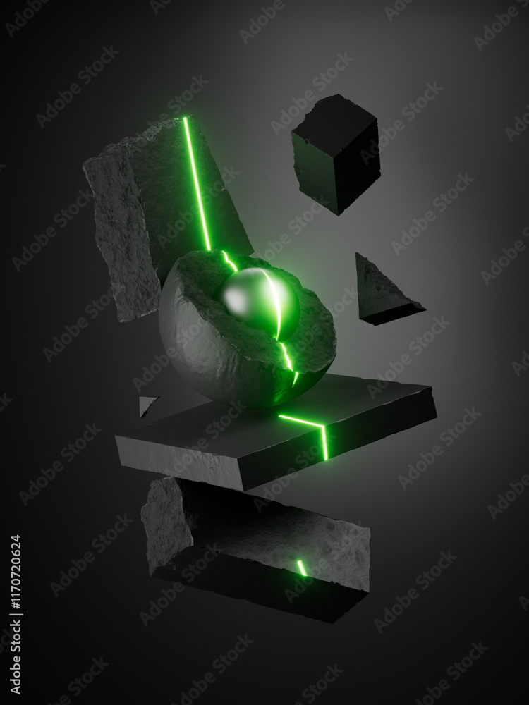 Poster 3d rendering. abstract minimalist composition of geometric objects: ball and concrete blocks levitat