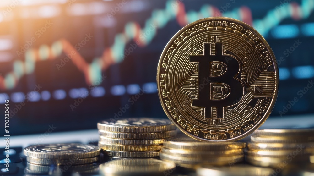 Poster bitcoin coin stacked on table with charts in background displaying trends