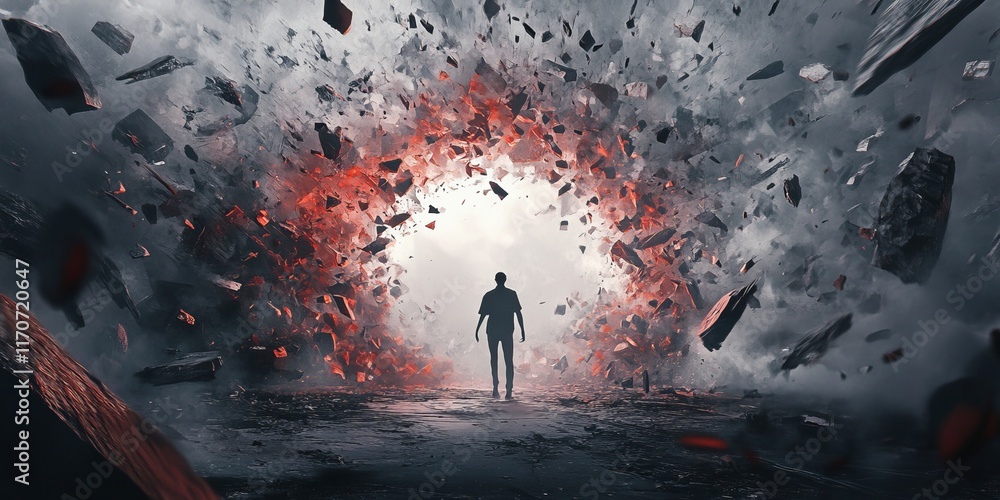 Poster mysterious silhouette walking through a surreal tunnel of floating debris and red glowing fragments