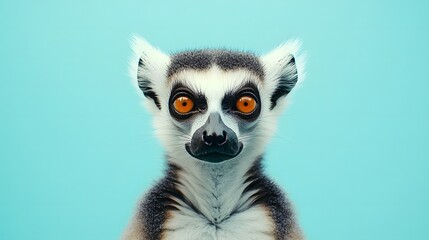 Obraz premium A ring-tailed lemur with striking orange eyes gazes directly at the camera, set against a calming blue backdrop, suggesting curiosity and alertness