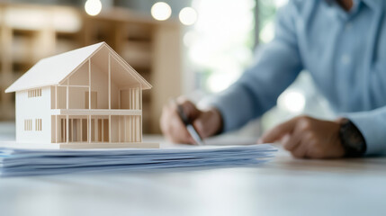Architect analyzing blueprints and house model, working at desk in architectural office, building project development concept