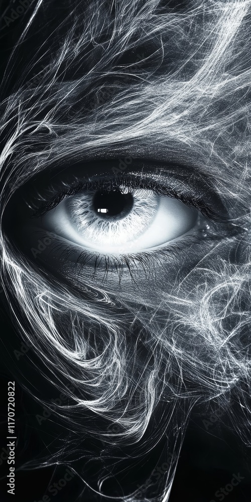 Poster abstract close-up of a human eye with ethereal light patterns and surreal textures in monochrome