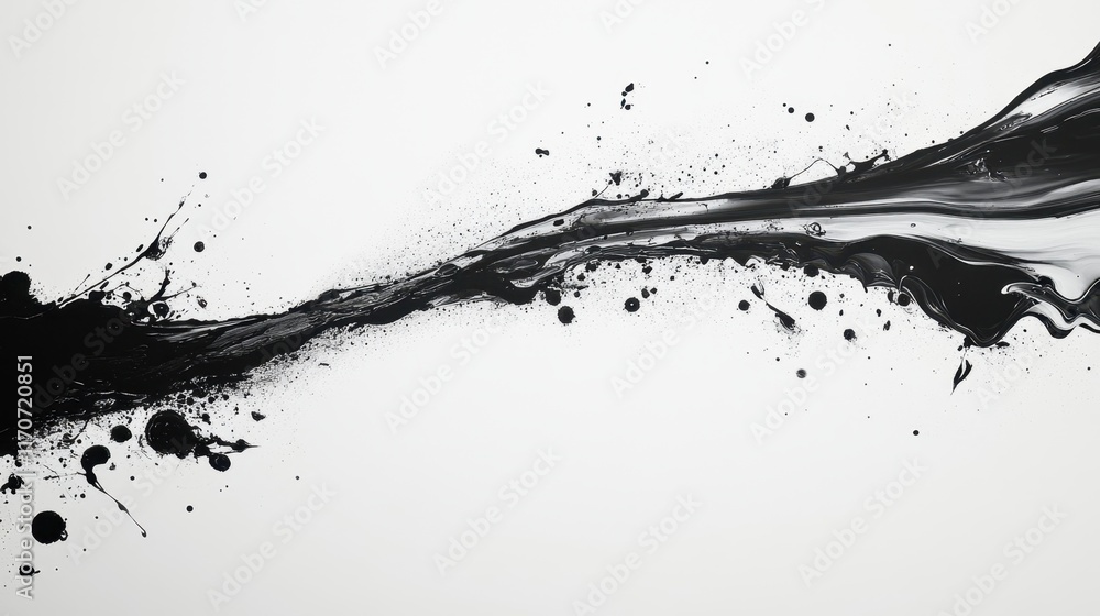 Poster dynamic splash of black paint creating an abstract flow against a bright backdrop. generative ai