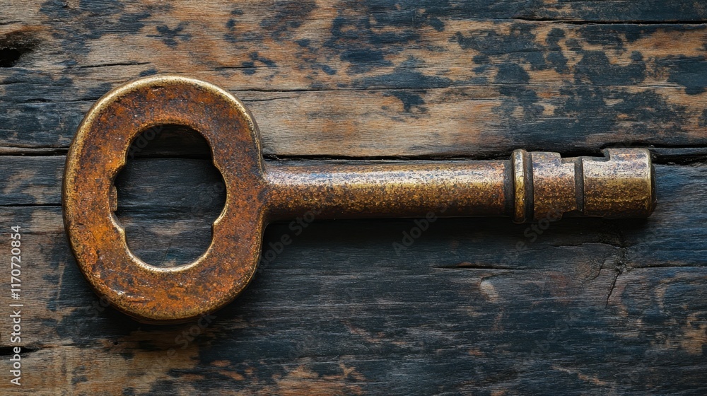 Poster unlocking mysteries with a vintage key on ancient wooden surface in soft natural light. generative a