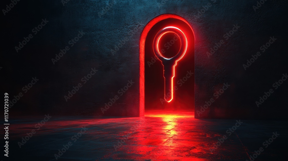Poster illuminated key shape glowing through an archway, creating a mysterious atmosphere in a dark interio