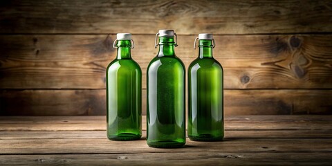 Three Green Bottles with Black Lids and White Labels on a Wooden Table â€“ Stylish and Modern Product Photography for Marketing and Advertising