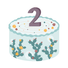 Cute bento cake with prickly pear cactus and number 2 lighting candle. Happy Birthday design element, neutral palette for kids and adults.