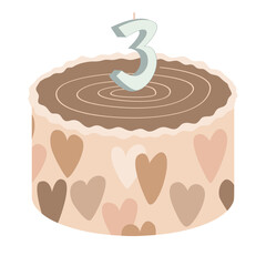 Cute bento cake with hearts and number 3 lighting candle. Happy Birthday design element, neutral palette for babies and adults.