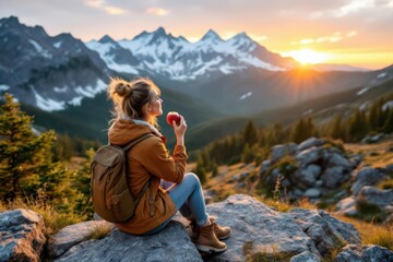 Naklejka premium From below traveling female sitting on rock and eating sweet apple while relaxing during hike in mountains at sunset
